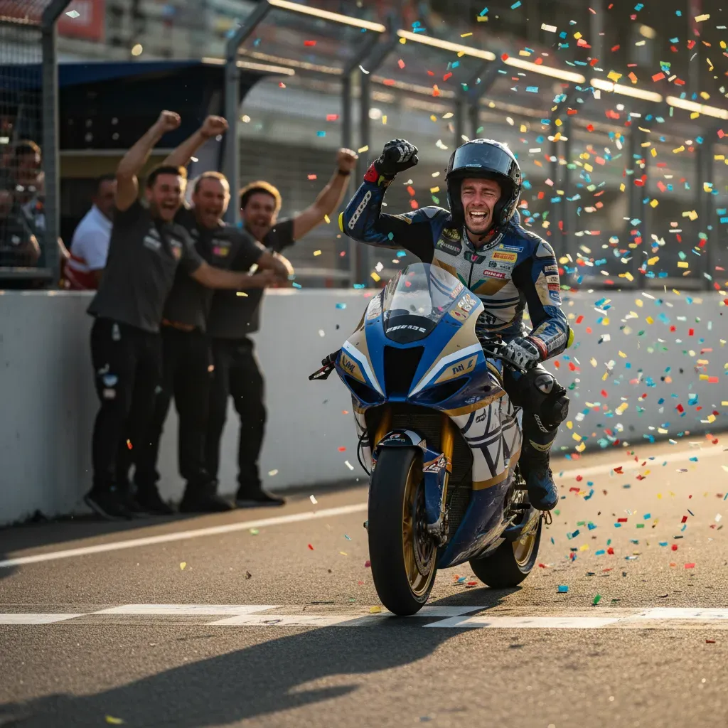 A rider on a generic Moto2-style race bike, not a full prototype, crosses a finish line with one fist raised in pure ela