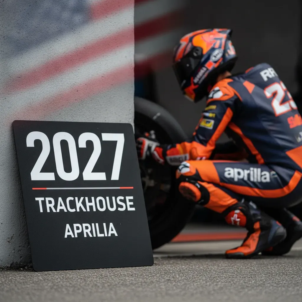 A Trackhouse Aprilia race bike with its distinctive American flag-inspired livery sits in the team's pit garage.