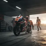 Enea Bastianini shakes hands with a team principal, confirming his future move to the Trackhouse Aprilia team.