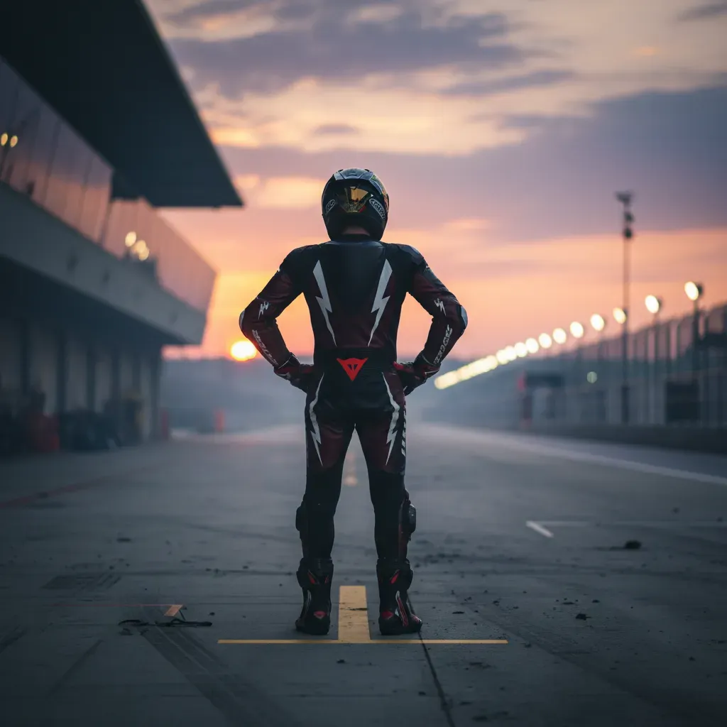 An evocative shot of a MotoGP rider from behind, standing alone in the pit lane as dusk settles after a race. The track 