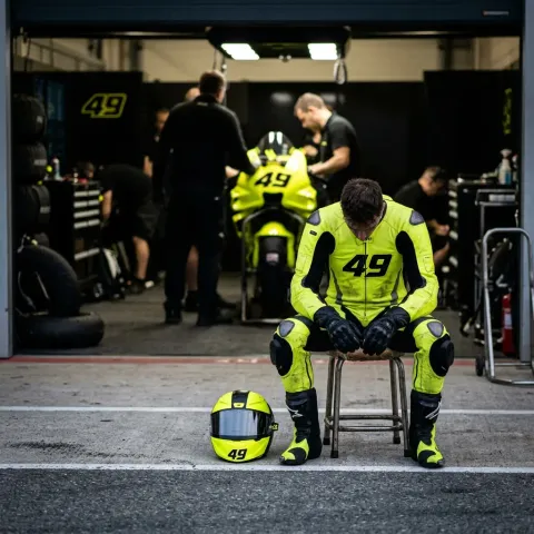 Illustration for our rider injury story: a rider resting in the pit garage, looking pensive.