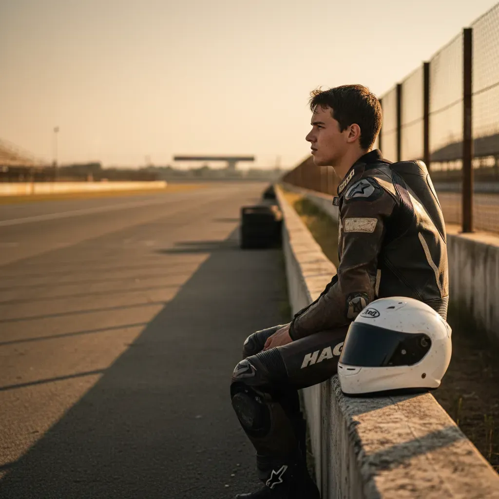 A young, anonymous racer in a slightly worn leather suit sits on the pit wall of a smaller, less glamorous circuit. The