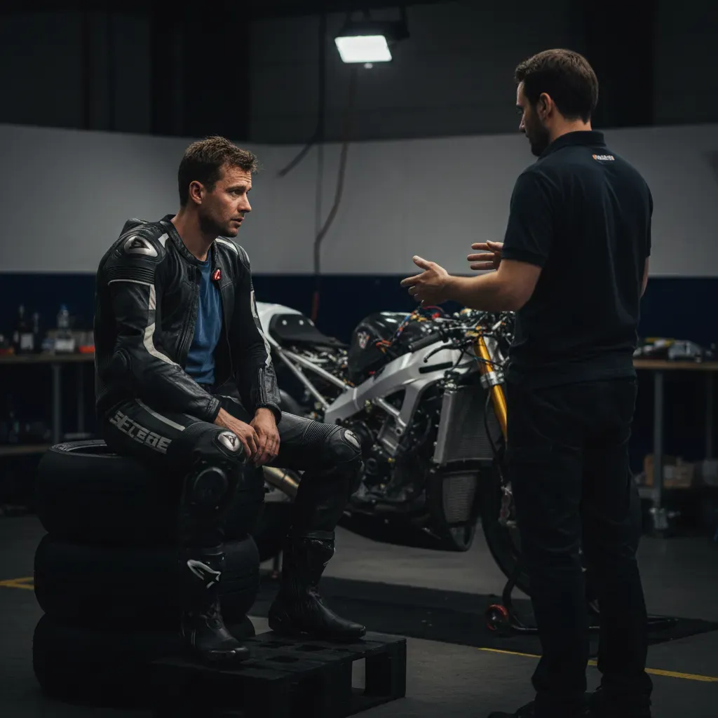 A quiet, candid moment in a dimly lit pit garage. An anonymous rider, leathers unzipped to the waist revealing a plain t