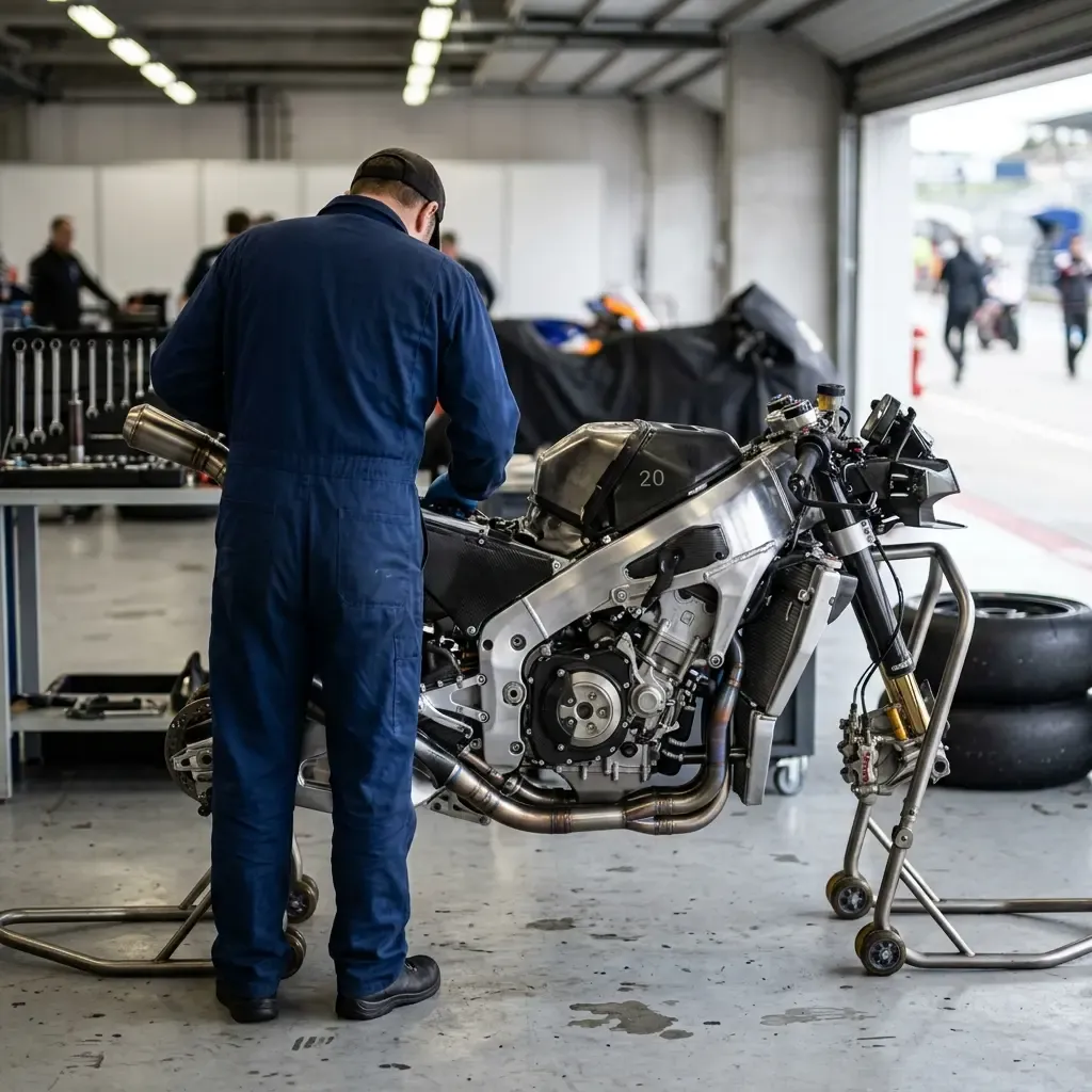 A quiet, candid moment in a dimly lit pit garage. An anonymous rider, leathers unzipped to the waist revealing a plain t