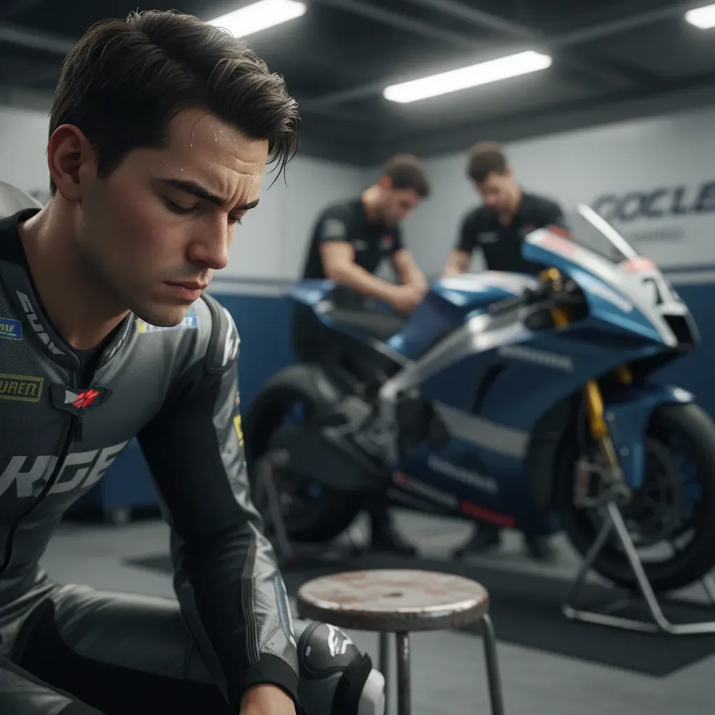 A quiet, candid moment in a pit box. An anonymous young rider, helmet off, sits on a stool, eyes closed in deep concentr