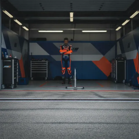 The empty pit box of Fermin Aldeguer in the Gresini Racing garage at Assen.
