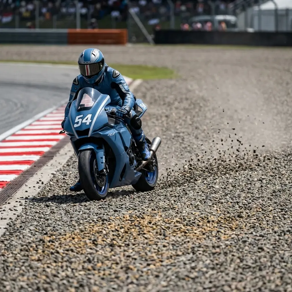 Illustration for our Indonesian GP story: a deep gravel trap next to trackside kerbs on a circuit corner.