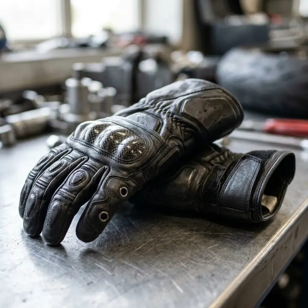 Illustration for our rider safety guide: reinforced motorcycle racing gloves placed on a paddock workbench.