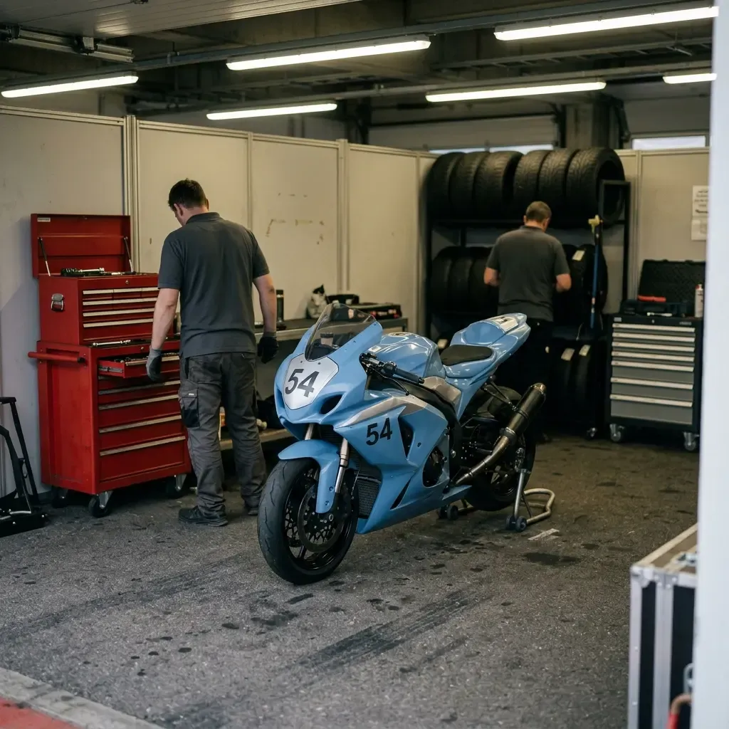 Illustration for our Gresini Racing update: a motorcycle resting on paddock stands inside a calm garage.