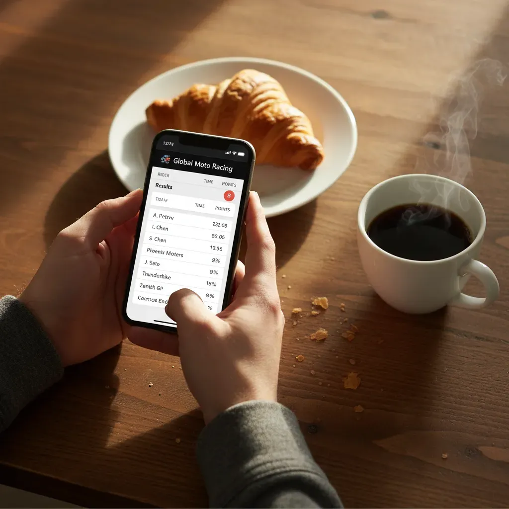 A top-down shot of a person's hands holding a modern smartphone over a wooden breakfast table. On the phone screen, the 