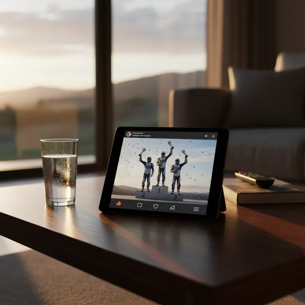 An atmospheric, late-afternoon shot. A tablet rests on a sleek coffee table, its screen displaying a celebratory podium 