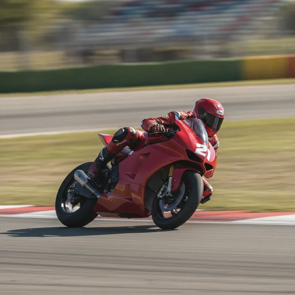 A MotoGP rider leans low while cornering at high speed on a sunny race circuit.