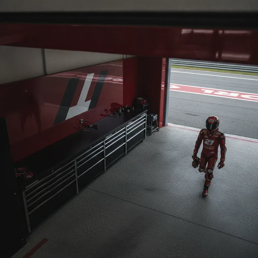 An empty and pristine MotoGP pit garage, signifying a rider's future departure.