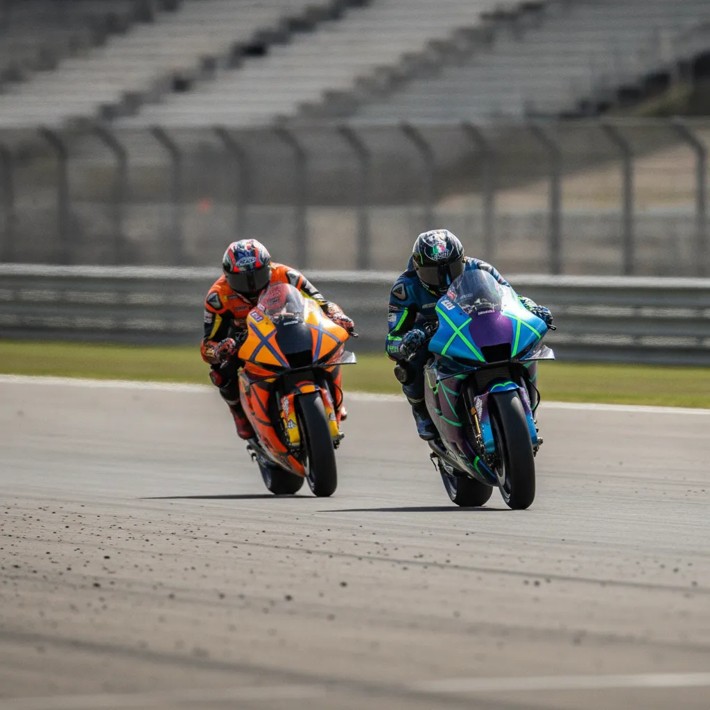 Two MotoGP bikes battling for position down a long straight at the Silverstone circuit.