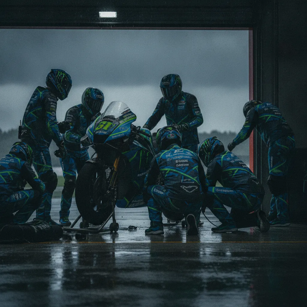 A MotoGP pit crew performs a quick bike swap in the garage during a wet race at Silverstone.