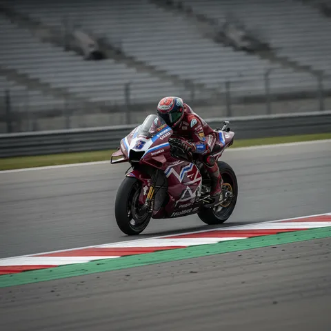 A MotoGP bike leans hard through the famous Maggotts and Becketts section of the Silverstone circuit.