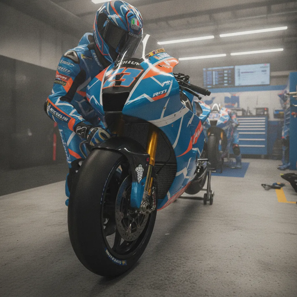 A mechanic prepares a MotoGP bike in the pits during the Japanese Grand Prix weekend.