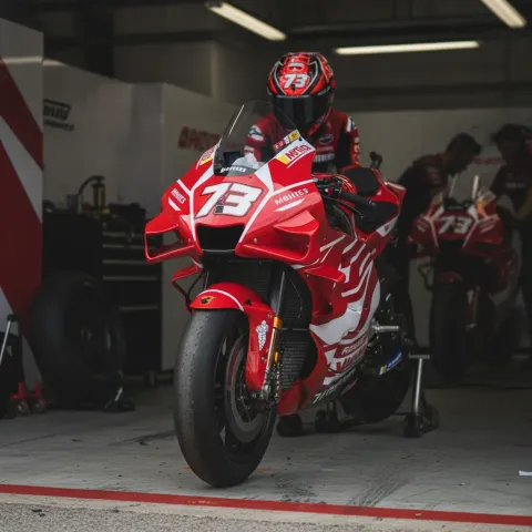 The Gresini Racing MotoGP bike featuring the special white and red tribute livery for Marco Simoncelli.