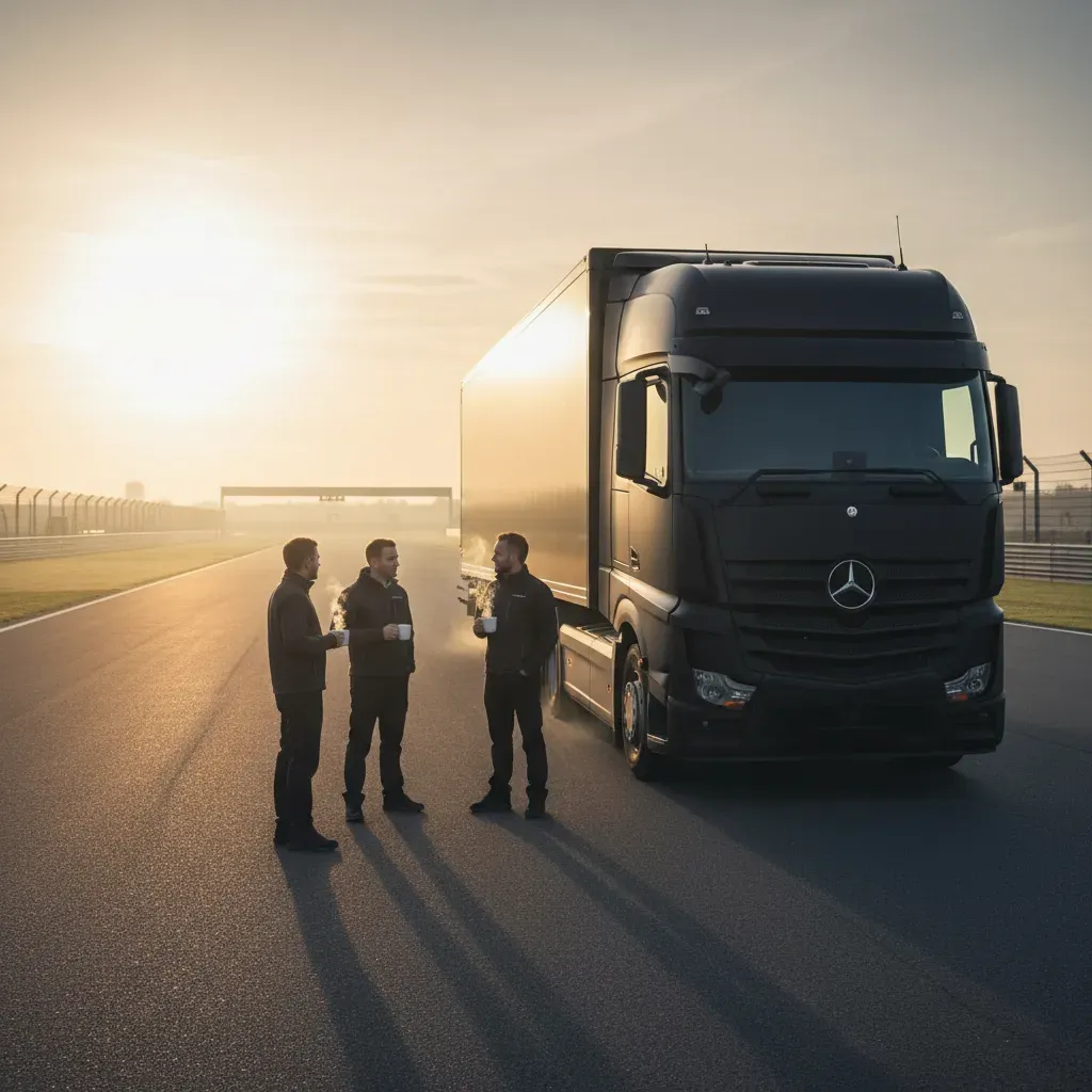Dawn breaks over the paddock, casting a golden glow on a massive, unbranded team transporter. A small group of engineers