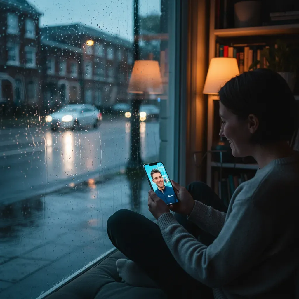 An atmospheric shot from inside a home, looking out a window at a rainy street. A person is sitting by the window, holdi