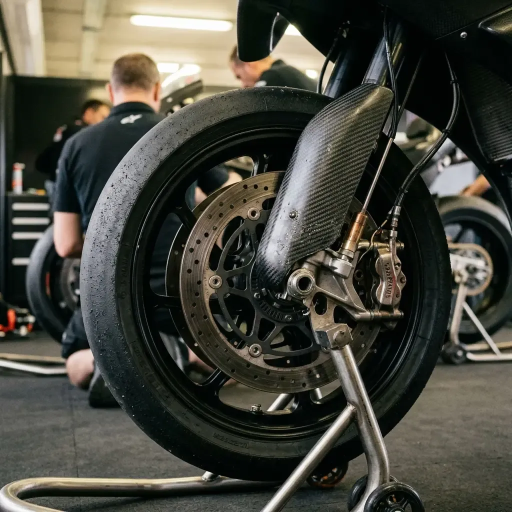 Extreme close-up of a MotoGP motorcycle's front carbon brake disc and caliper in the pit garage.
