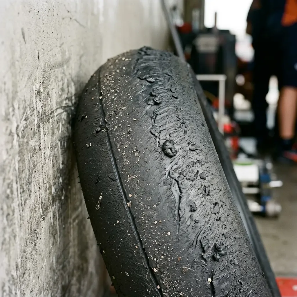 A close-up view of a worn MotoGP rear slick tyre showing heavy rubber degradation in the pit box.