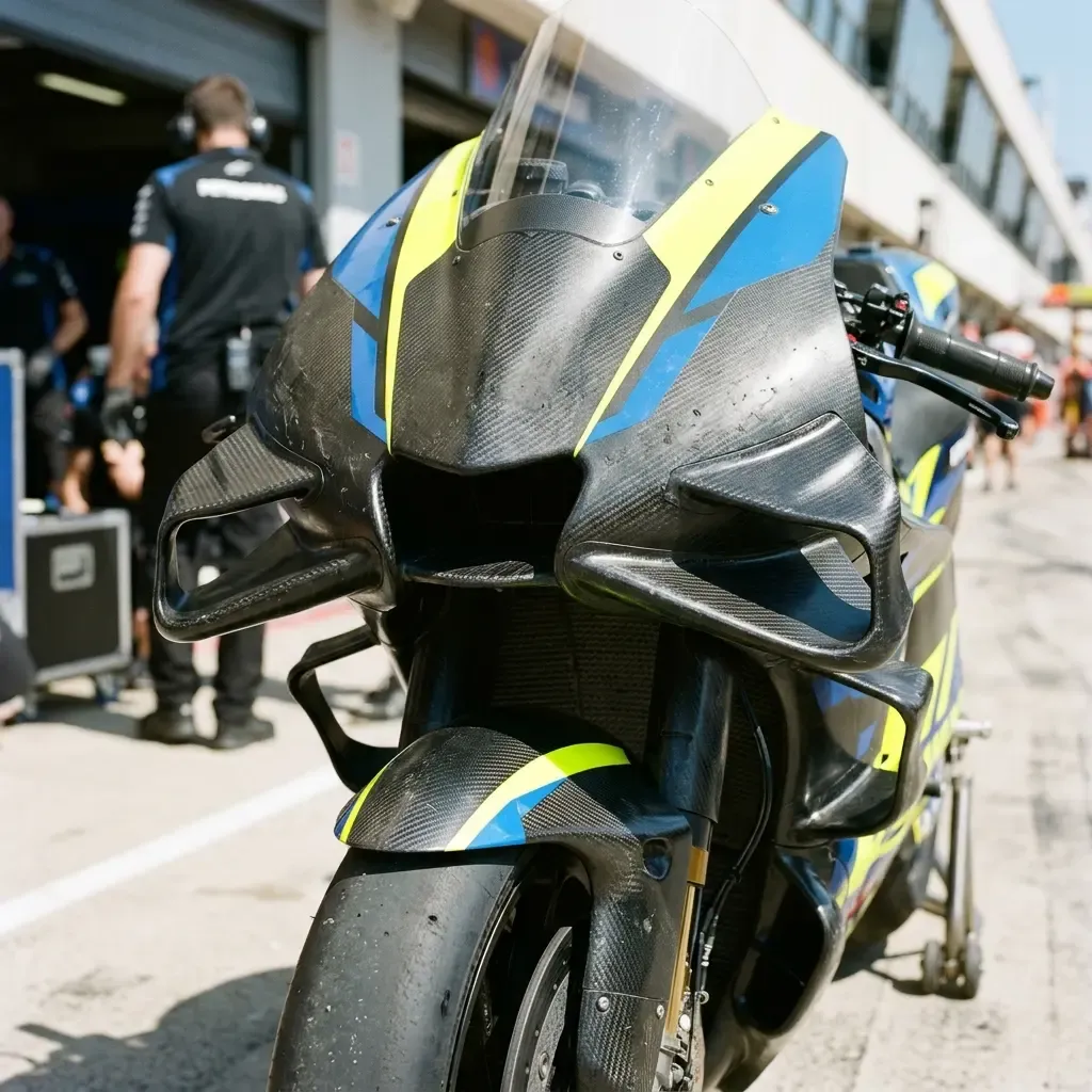 The aerodynamic front winglets and fairing of a MotoGP bike parked in the pit lane.