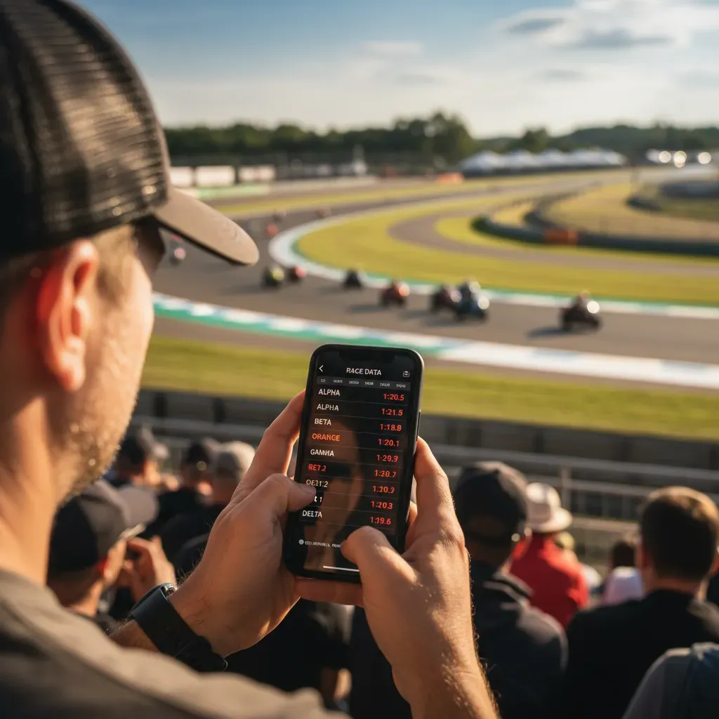 View over the shoulder of a fan sitting in a packed grandstand on a sunny day. The fan is holding a smartphone, and the 