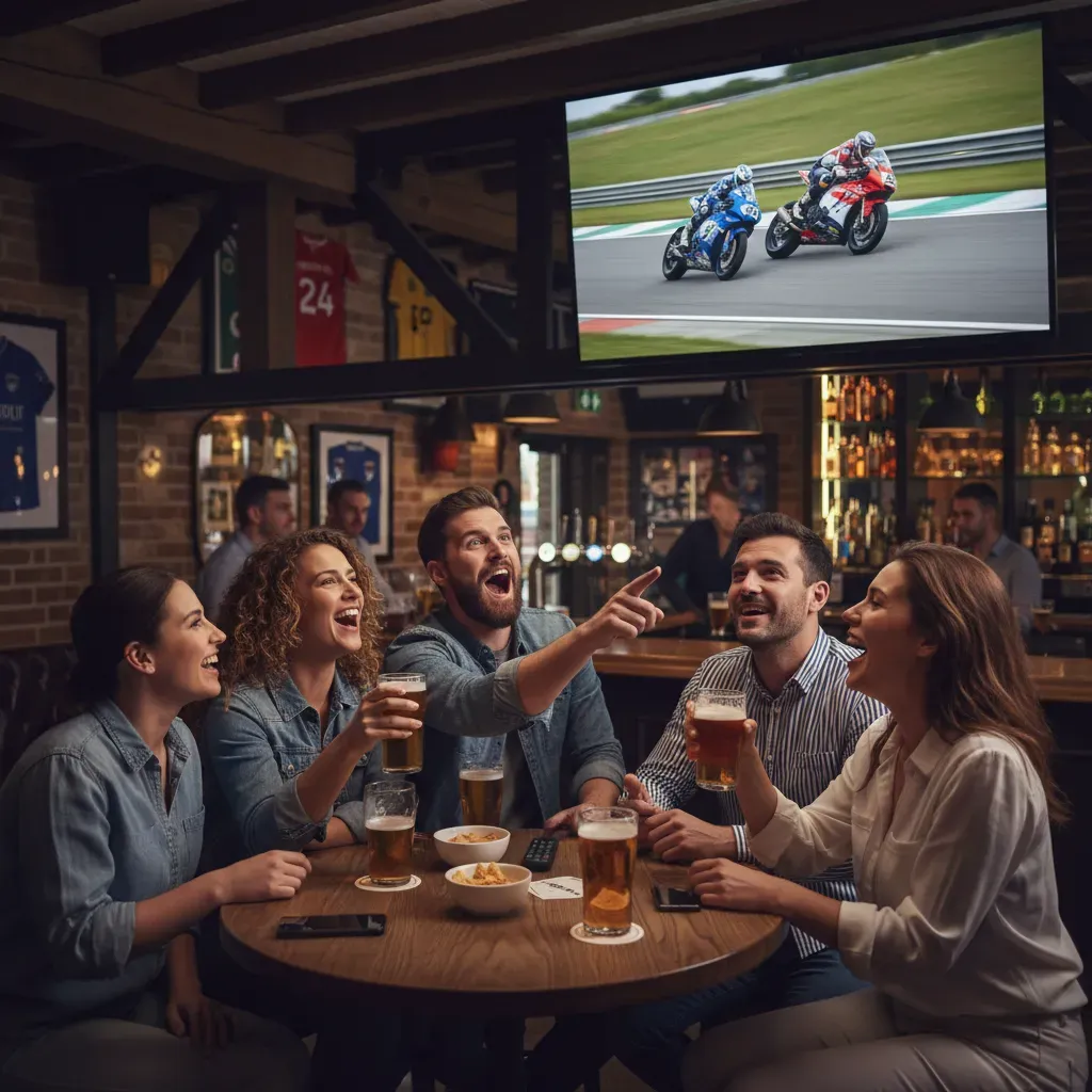 The interior of a modern, bustling UK sports bar. A diverse group of friends are gathered, their faces filled with excit