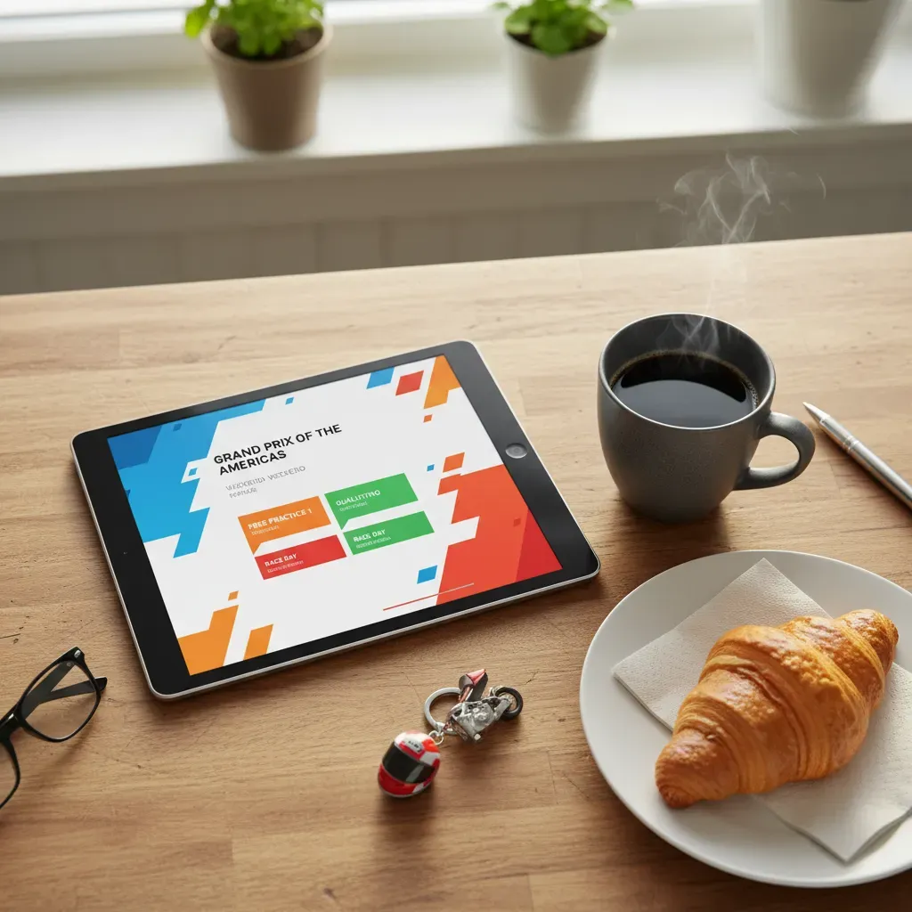 A top-down, flat-lay photograph of a kitchen table bathed in soft morning light. A tablet in the centre displays a colou