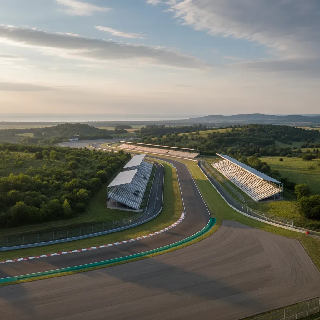 A wide, atmospheric shot of the brand new Balaton Park Circuit in Hungary. The empty grandstands and pristine, unused tr