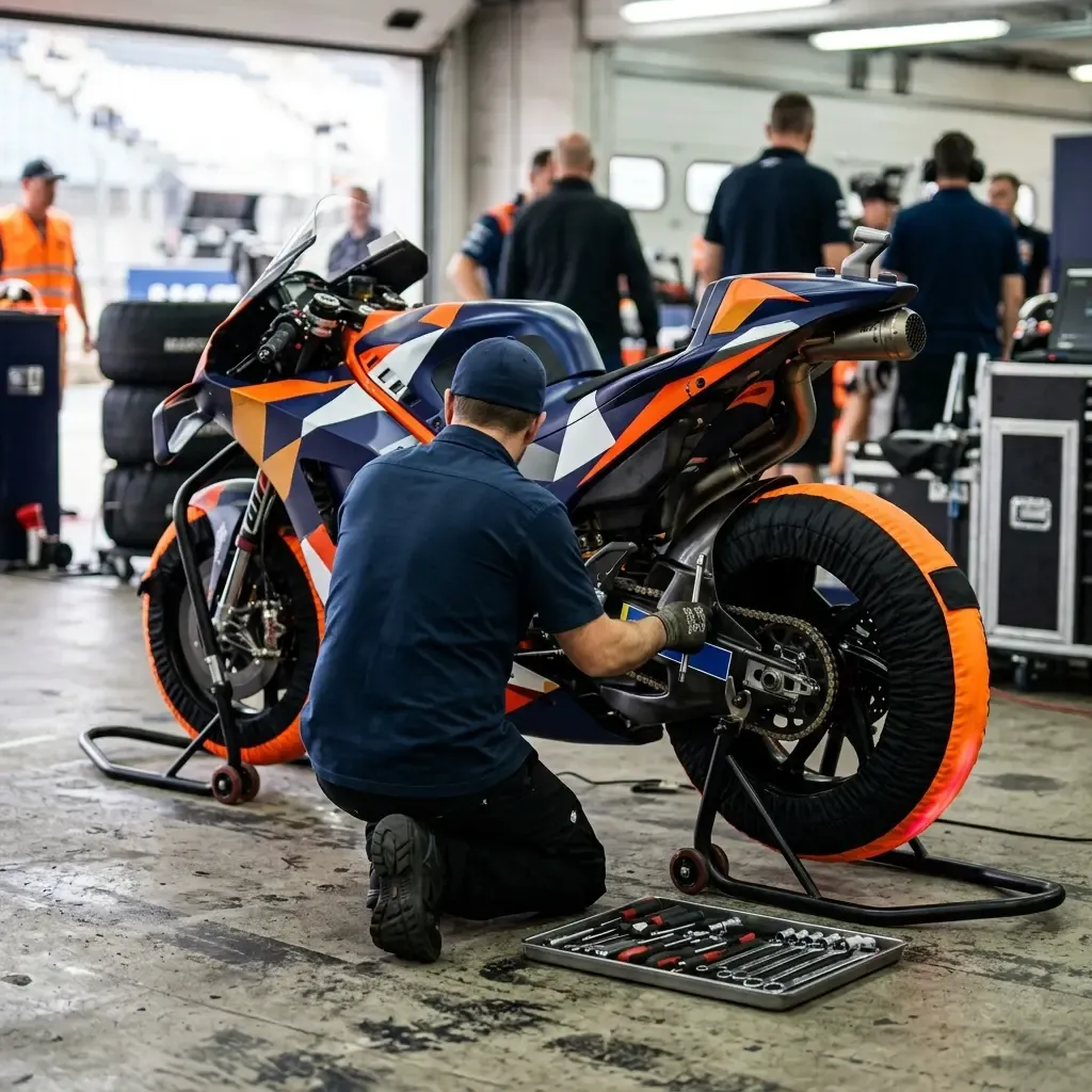 A close-up, track-level view of a team engineer in unbranded team wear, kneeling beside a generic prototype race bike in