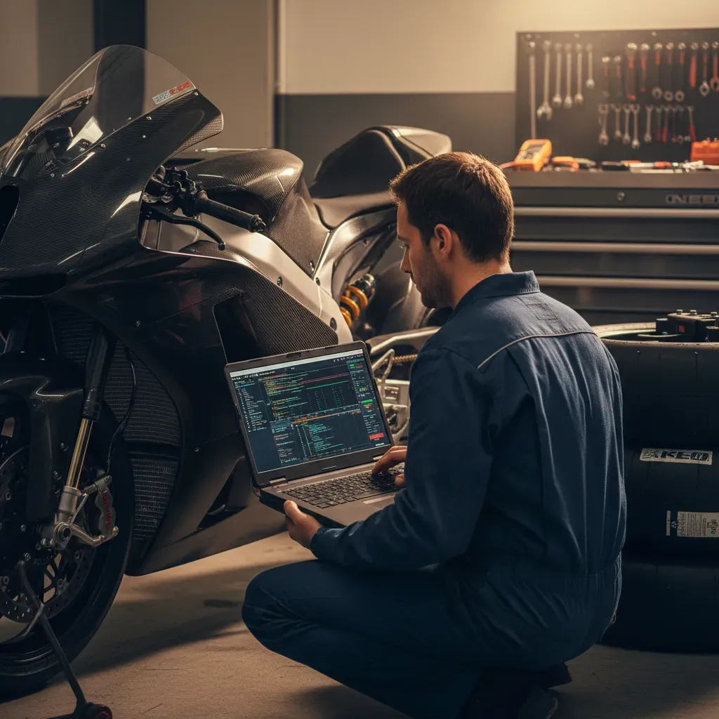 A close-up, track-level view of a team engineer in unbranded team wear, kneeling beside a generic prototype race bike in