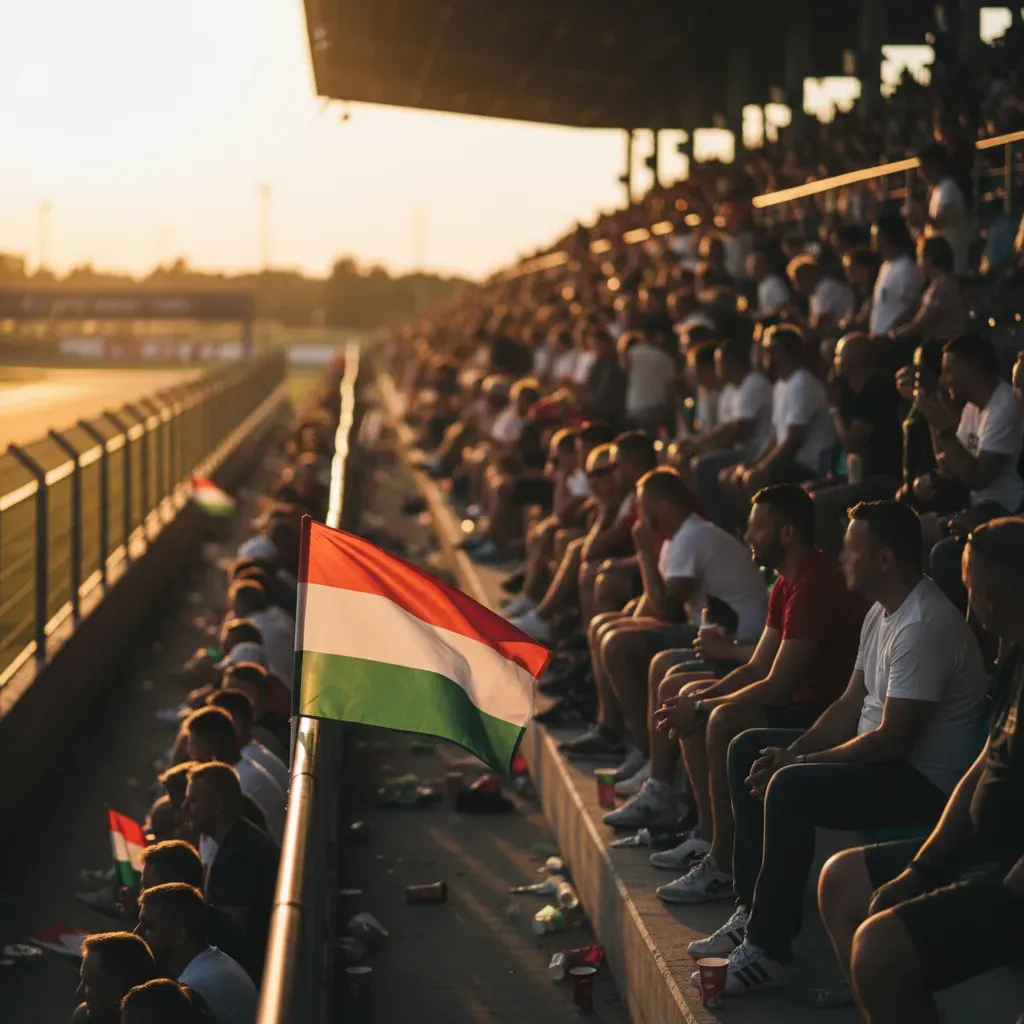 A crowd of excited fans with blurred faces fill a grandstand at the Balaton Park Circuit, their silhouettes backlit by t