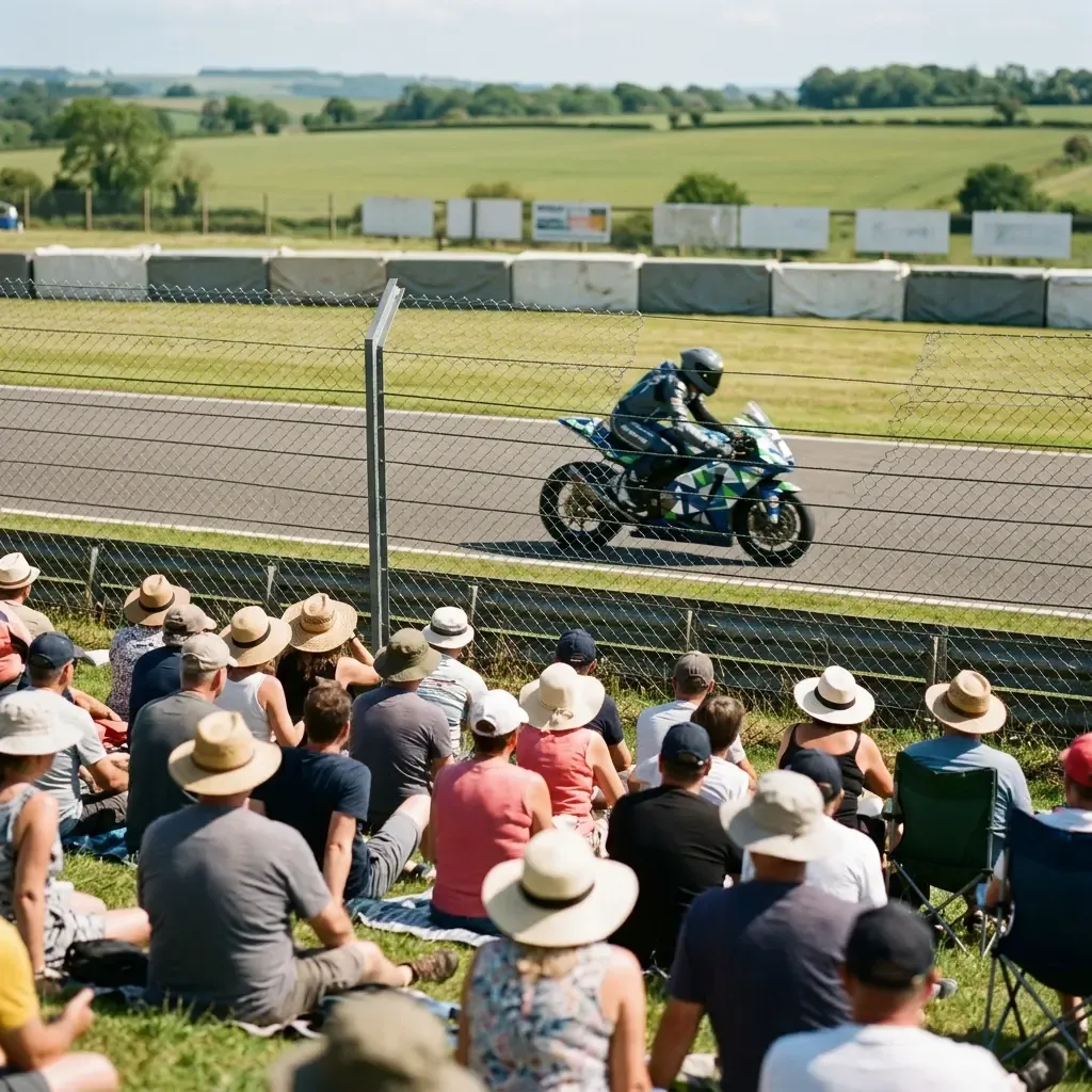 A crowd of excited fans with blurred faces fill a grandstand at the Balaton Park Circuit, their silhouettes backlit by t