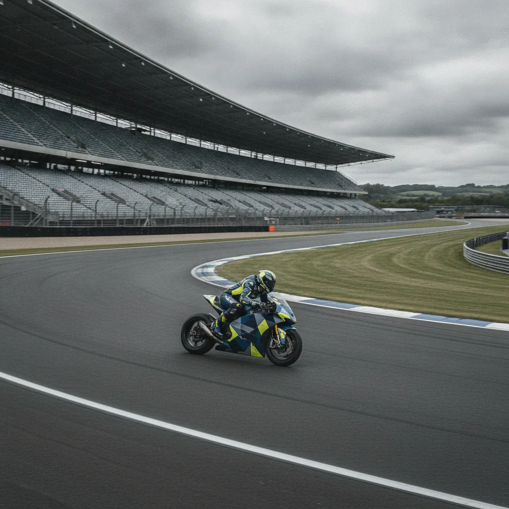 A wide view of the fast and flowing Silverstone circuit, home of the British Grand Prix.