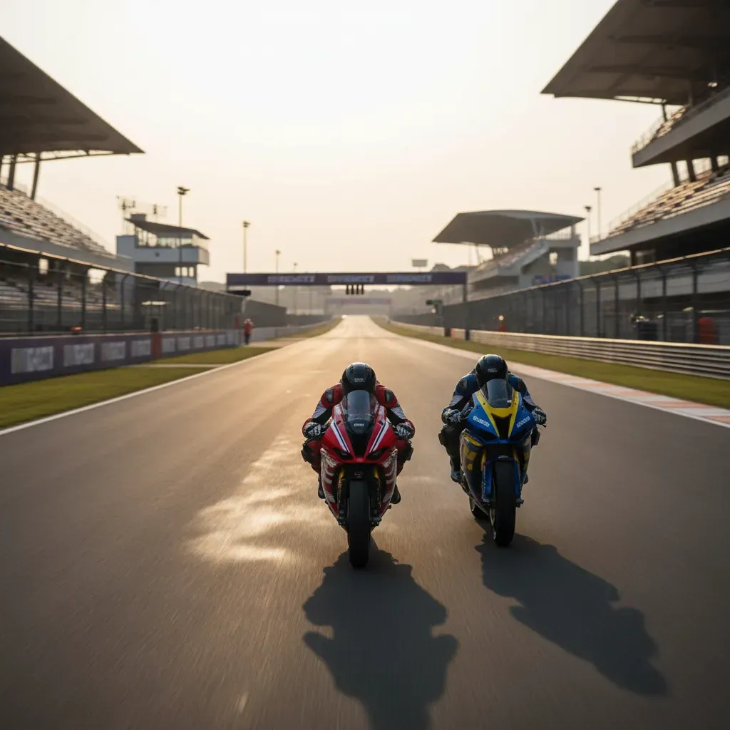A telephoto, head-on shot down the 1.2km back straight at Buddh. Two generic racing motorcycles are captured at peak vel