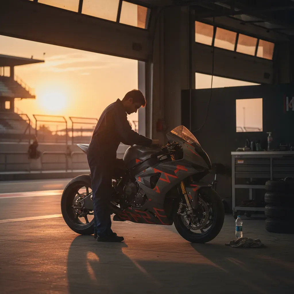 An evocative, quiet scene in the paddock of the Buddh circuit at dusk. The race has finished, and the setting sun bathes
