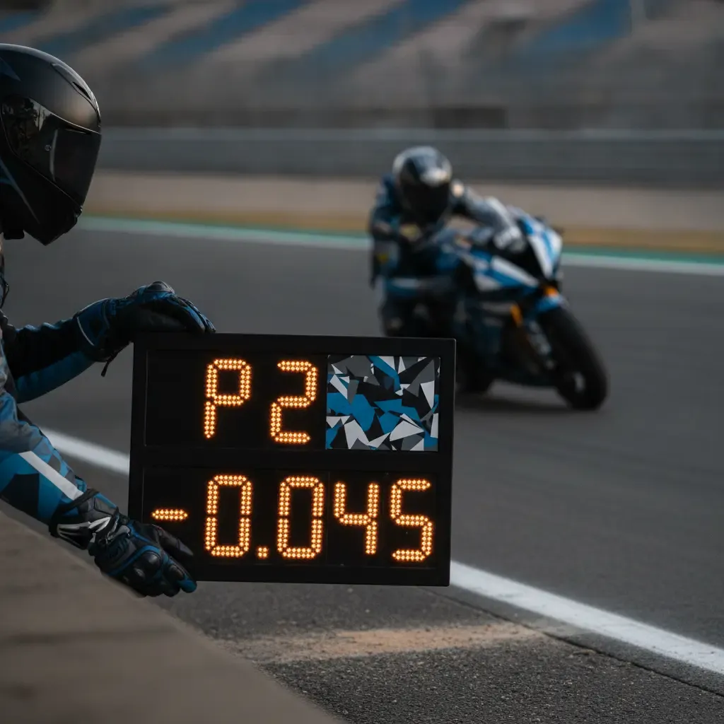 A mechanic holds a pit board over the wall during a MotoGP race, showing a small time gap to a rival.
