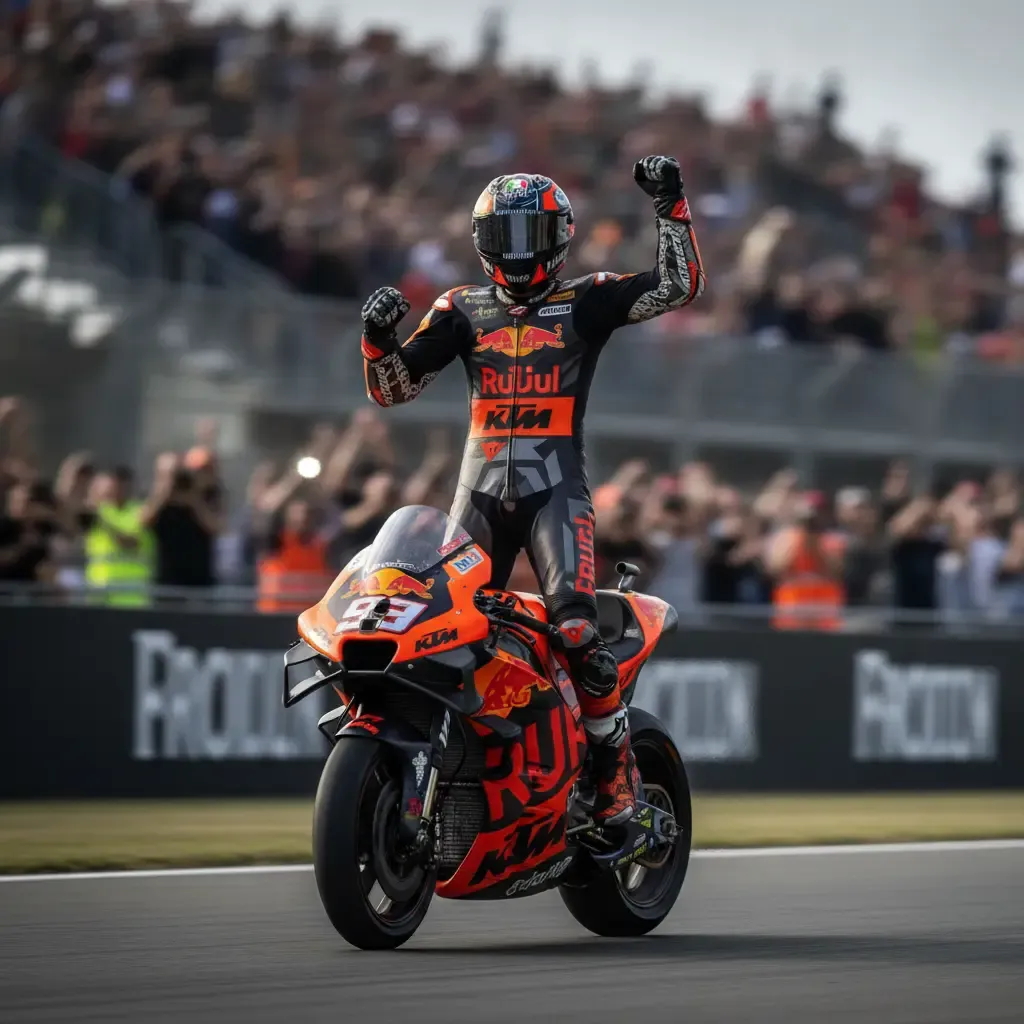 A MotoGP rider celebrates a Grand Prix win with immense emotion in front of the crowd.