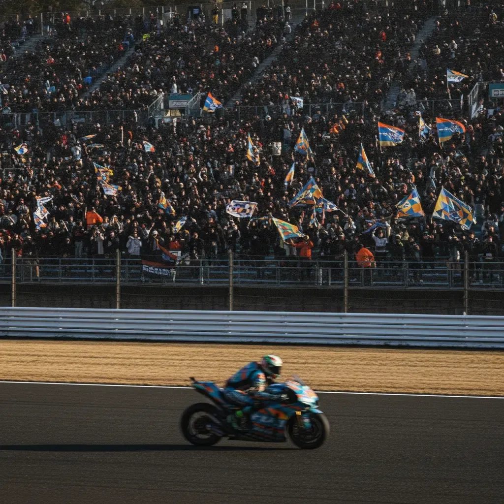 A packed grandstand of enthusiastic Japanese fans cheering on the riders at the Motegi circuit.