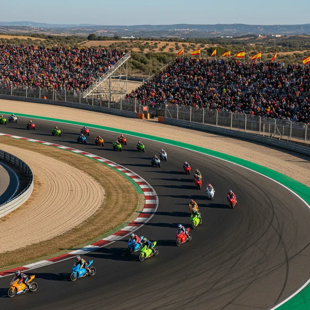 A wide, atmospheric shot from a high vantage point overlooking the Circuito de Jerez. A long train of colourful, unbrand