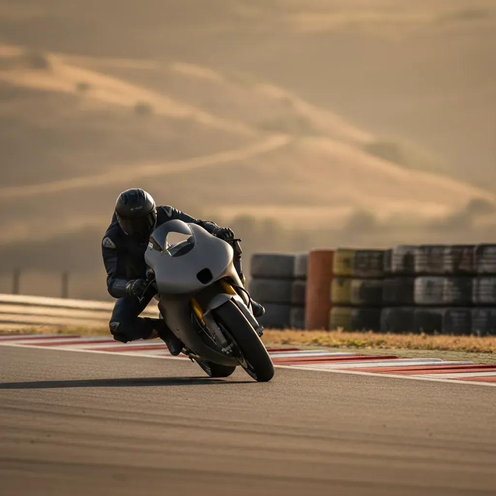 A tight, telephoto action shot capturing a single, anonymous MotoGP bike braking hard for the downhill Turn 6, Dry Sac.