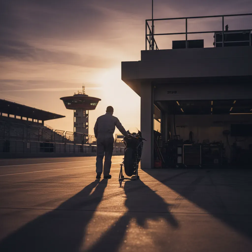 An evocative, quiet moment after the race day at Jerez. A lone mechanic in plain overalls pushes a bike on a paddock sta