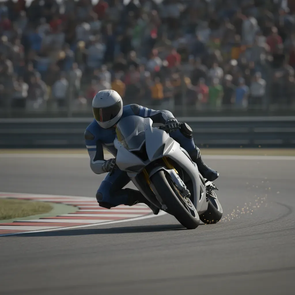 A low-angle shot from the inside of a fast, sweeping corner. An anonymous rider in a simple blue and white suit is leane