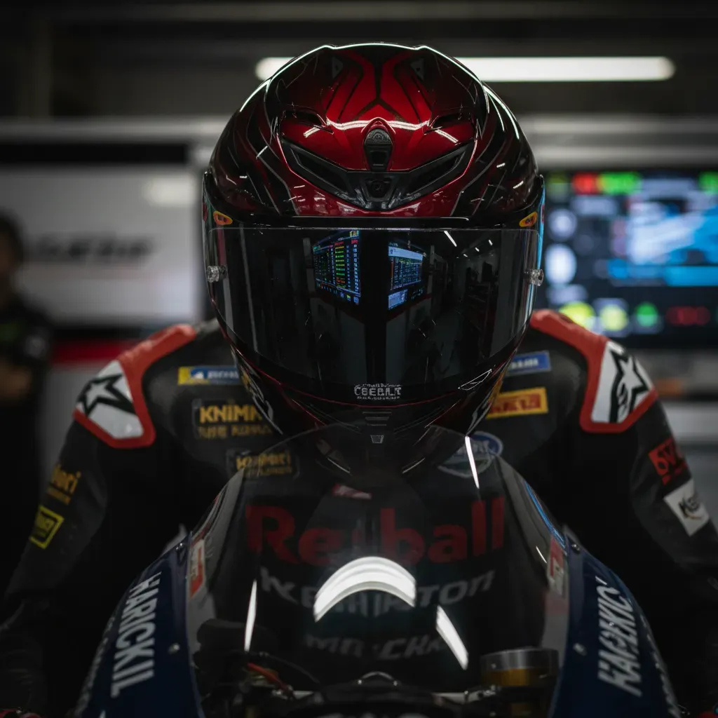 An intimate close-up on the helmet of a racer sitting on his bike in the pit lane. The glossy visor reflects the complex