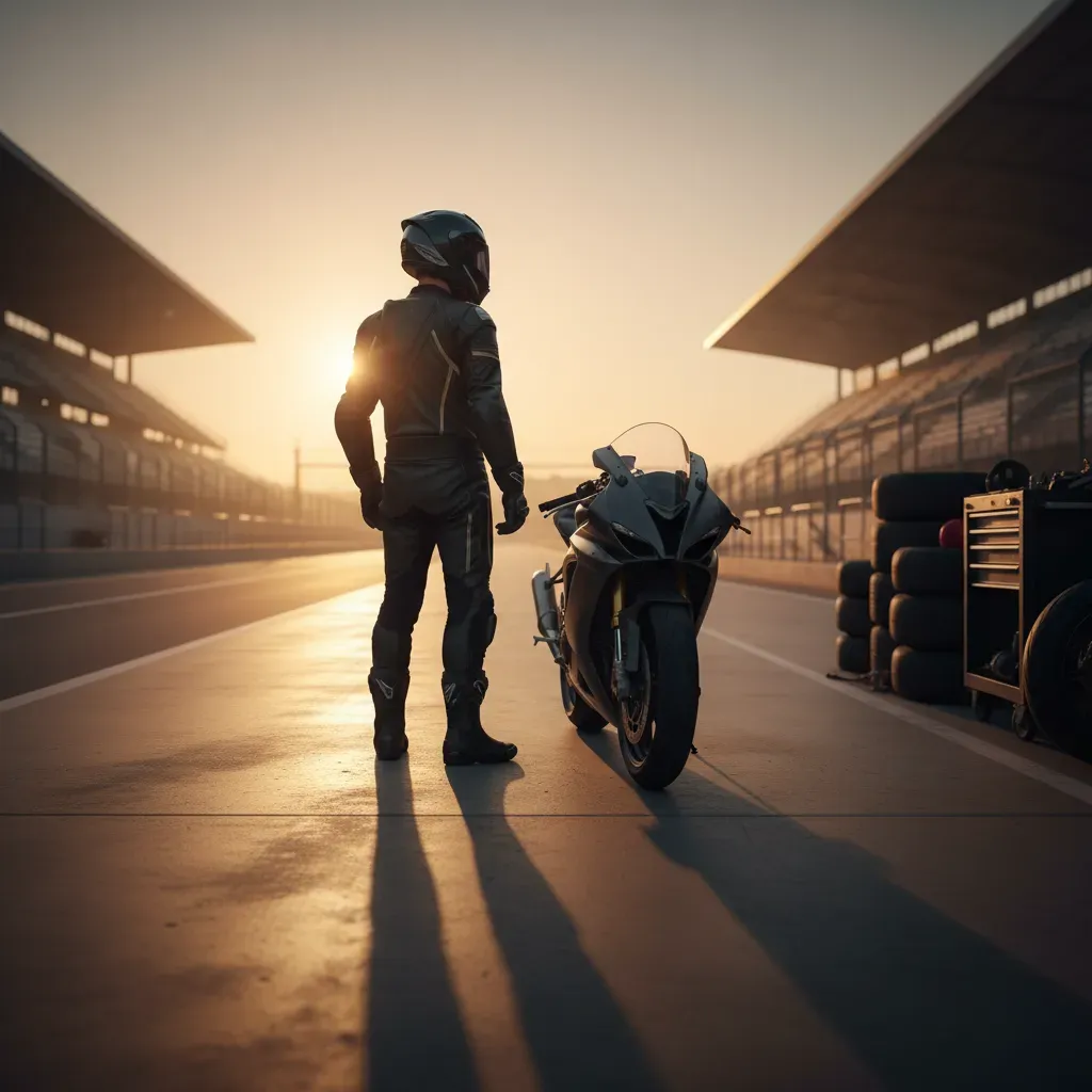 A rider in dark, unbranded leathers stands at the end of a pit lane at dawn, looking towards the track. The rising sun c