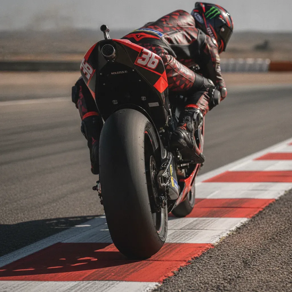 A close-up of a worn MotoGP rear tyre on the edge of the Aragon circuit.