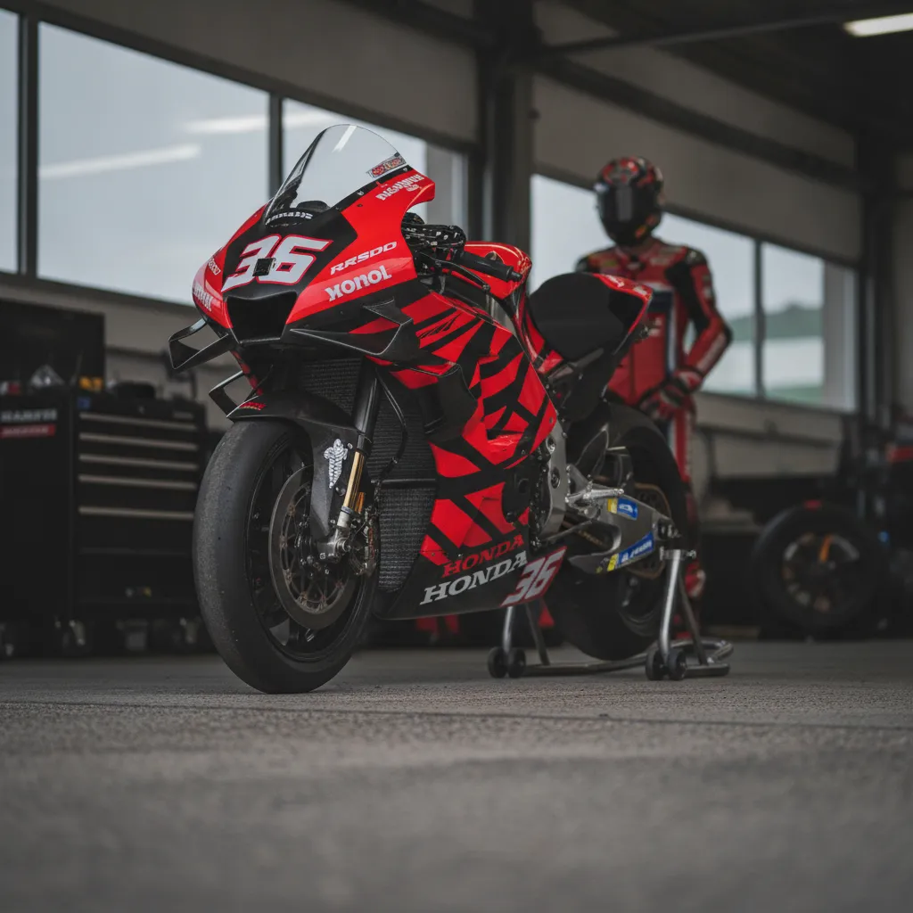 The Honda HRC Castrol MotoGP bike prepared for racing in the team's garage.