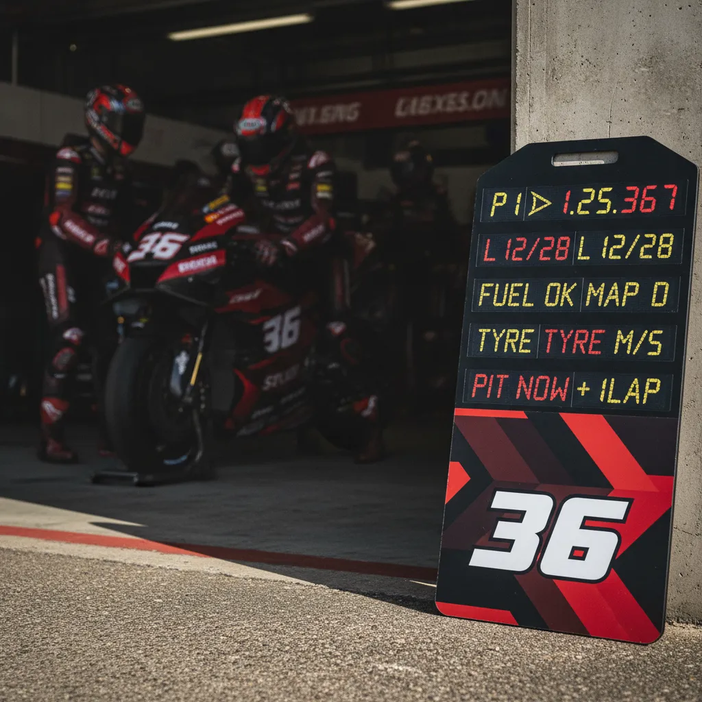 A MotoGP pit board used for communicating with a rider during a race session.